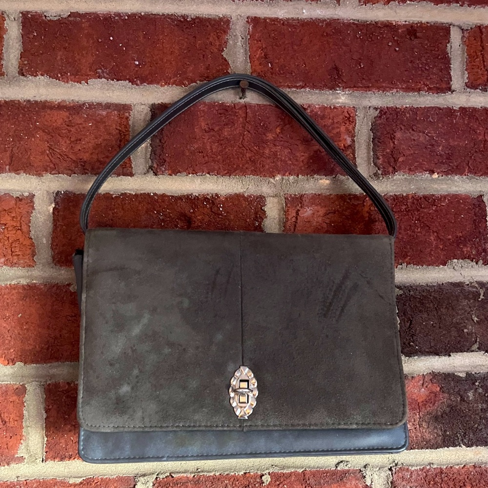 Vintage grey suede and leather purse with silver tone closure